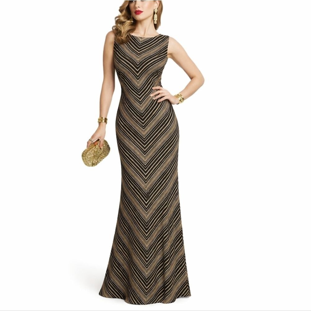 VINTAGE Chic Chevron Striped Maxi Dress Sleevless Gothic Glam Black Tan Size 12 - Picture 1 of 8